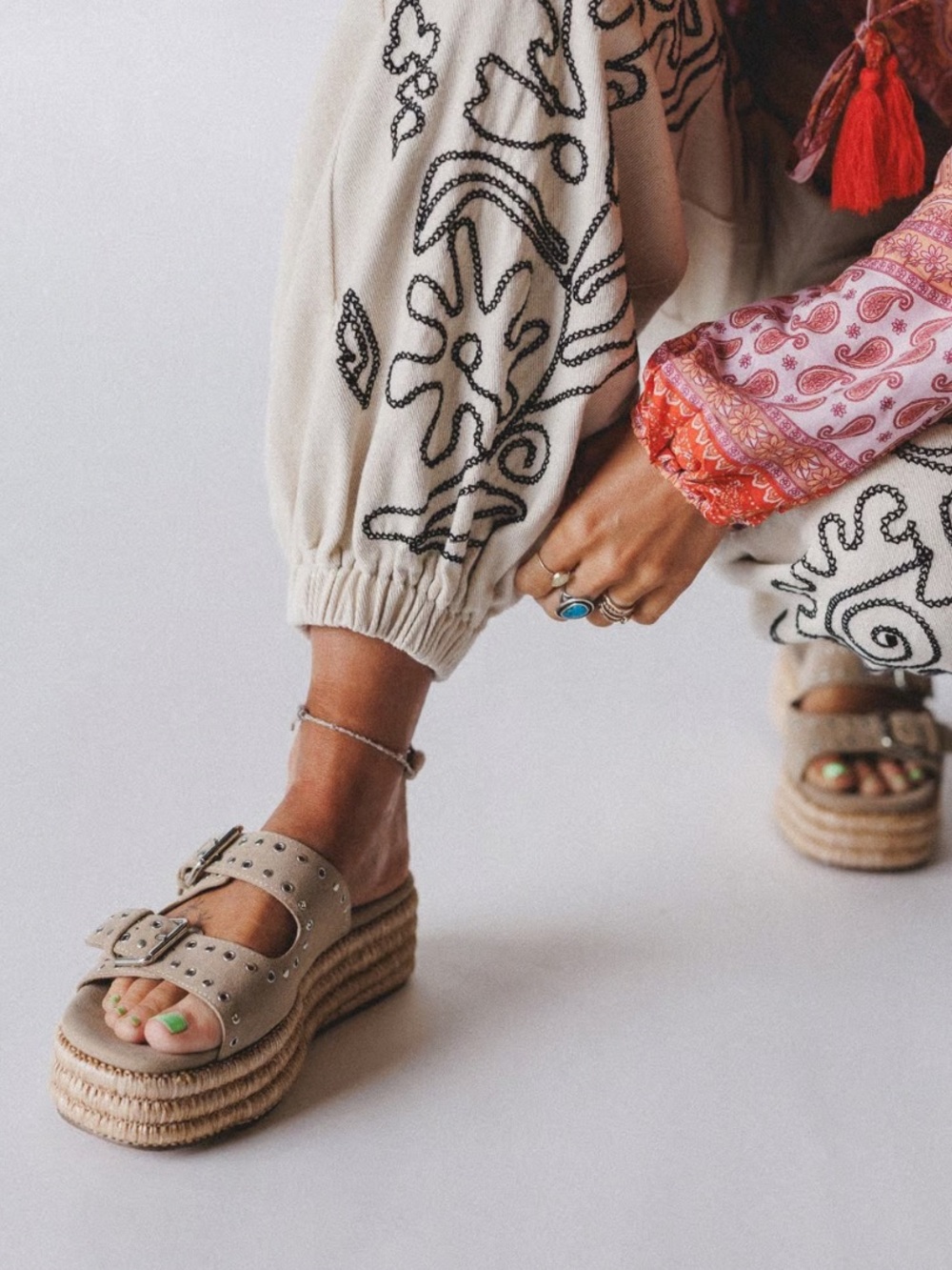 Three Bird Nest Taupe Double-Buckle Espadrille Platform Sandals